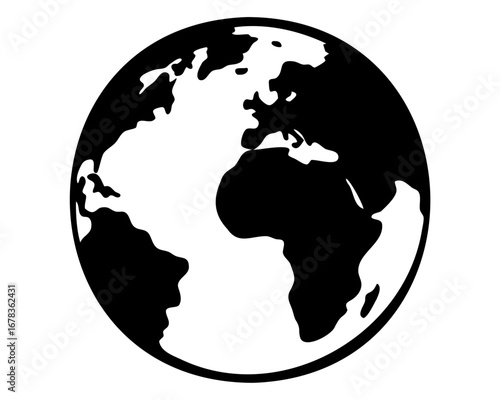 Stylized black and white image of Earth showing the continents