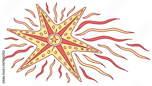 Stylized yellow and red starfish with radiating wavy lines and a central star emblem