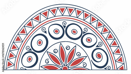 Traditional folk art semicircle design with red triangles and blue swirls and circles