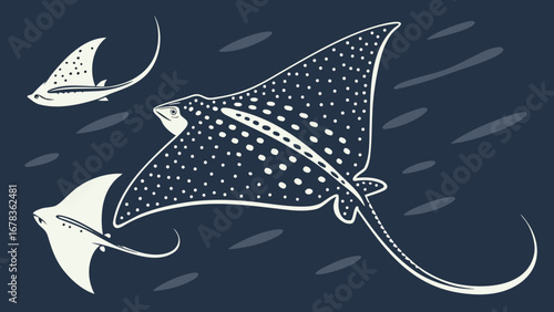 Three stylized manta rays with white spots swim gracefully through dark blue water with subtle motion lines