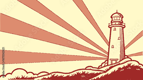 Vintage style lighthouse on rocky shore with radiating sunbeams in a retro color palette