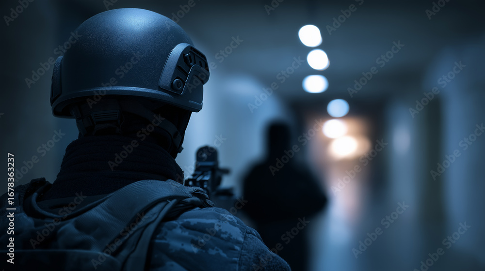 Fototapeta premium Armed tactical team moving through a corridor in low light during a mission.