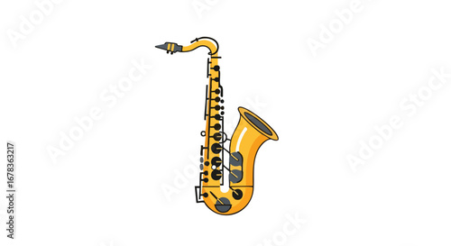 Golden Hues of Harmony: Cartoon Saxophone Illustration on a Clean White Canvas Backdrop