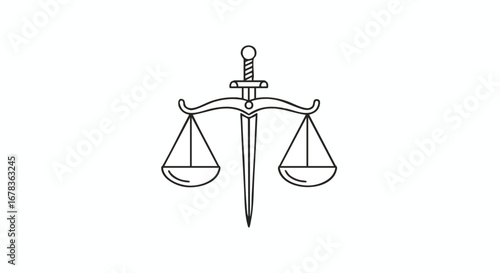 Symbolic balance with sword and scales outline illustration for fair justice, law and decisions in a minimalist style representation