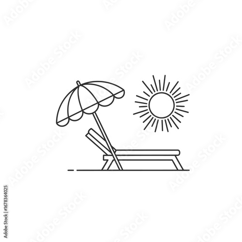 Line art illustration of a beach scene with a sun umbrella, lounge chair, and shining sun, symbolizing summer vacation and relaxation.