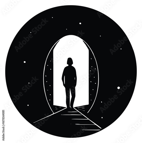 Silhouette of a person walking towards a bright doorway in the darkness