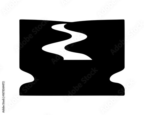 A minimalistic design featuring a white river winding through a black landscape