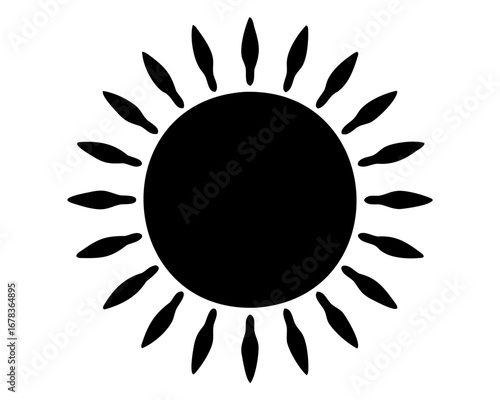 Black and white stylized image of the sun with beams radiating outward
