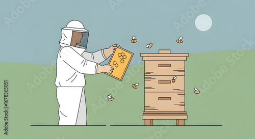 An illustrated apiarist in protective gear carefully inspecting a honeycomb frame from a wooden beehive in a tranquil field
