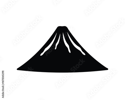 A stylized black and white image of Mount Fuji with snowy peaks