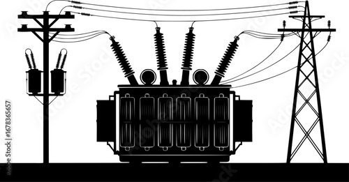 Vector art of silhouette of electrical transformer and power lines