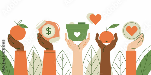 Diverse hands holding symbols of charity health and financial support in a community effort