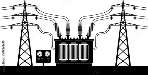 Illustration of a transformer and power lines. EPS  Vector  art