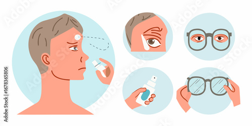 Man applying eye drops for dry eyes and cleaning eyeglasses for clear vision