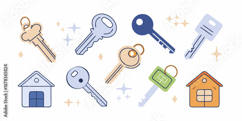 Collection of stylized keys and houses with sparkling accents representing home ownership and security