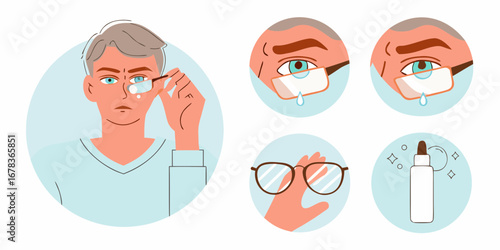 Man applying eye drops to treat dry eyes and blurry vision with glasses and cleaning solution