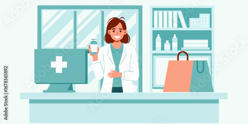 Smiling female pharmacist in a white coat holding a medicine bottle in a modern pharmacy