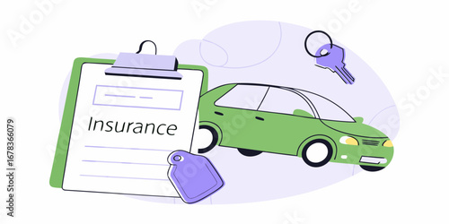 Car insurance policy document with a green car and keys representing vehicle protection and safety