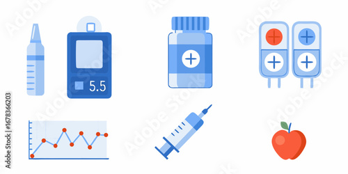 Collection of medical icons representing diabetes care including a glucose meter insulin medication test strips graph and apple