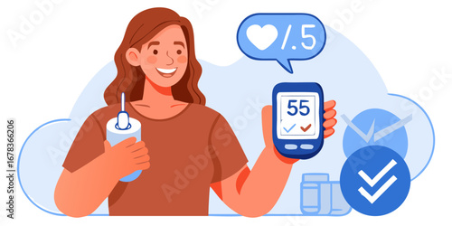 Woman holding a glucose meter and a blood lancet with health data displayed on the device