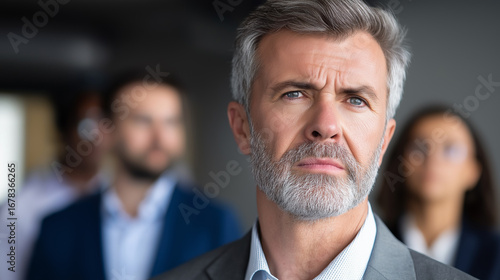 Confident senior businessman with gray beard looking ahead seriously while standing among colleagues.