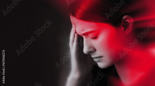 Woman touching her temple with visible red light indicating severe headache or migraine pain.