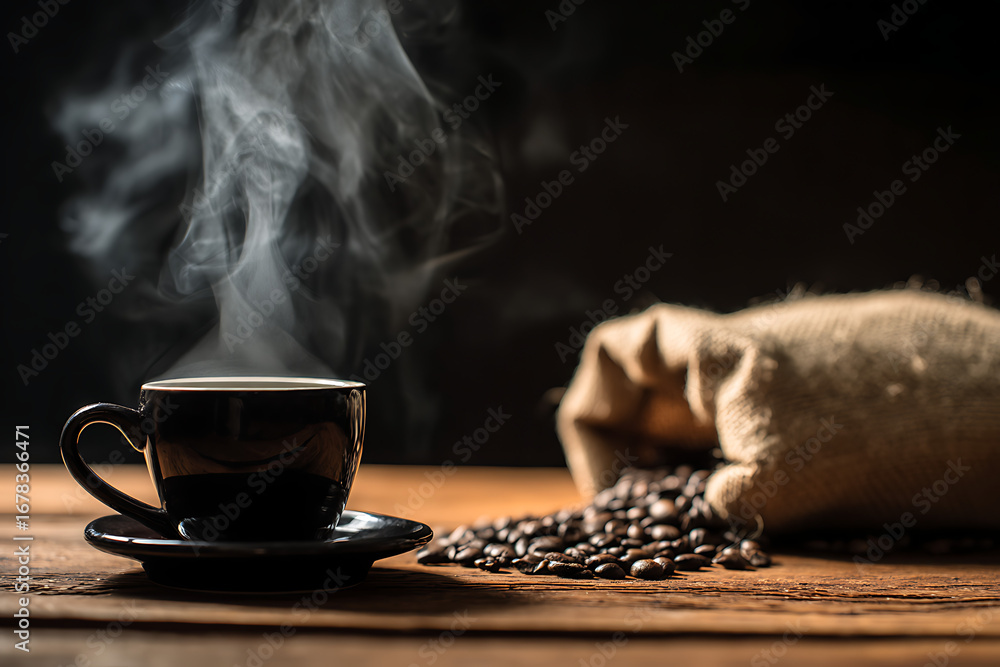 Fototapeta premium Hot coffee, roasted beans, and burlap on a rustic wooden table.