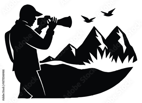 Silhouette of photographer in nature landscape with mountain and birds flying graphic