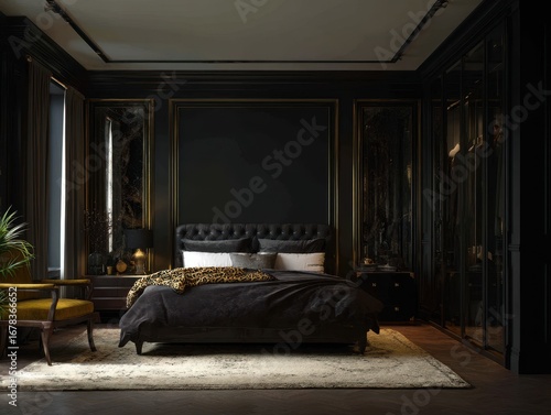 A luxurious, dark bedroom with rich, black accents and golden trim, showcasing a large bed with a leopard print blanket, exuding an elegant and opulent mood.