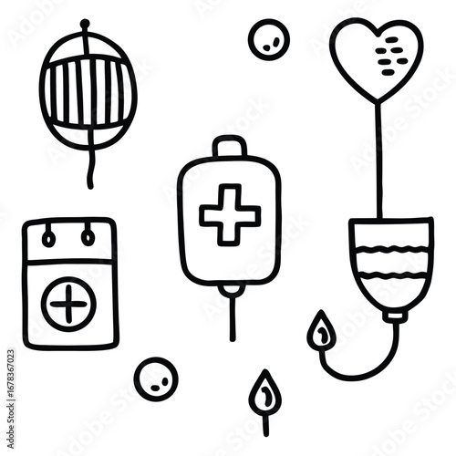 A collection of hand-drawn doodle icons representing blood donation, medical care, and life-saving transfusions in a minimalist outline style.