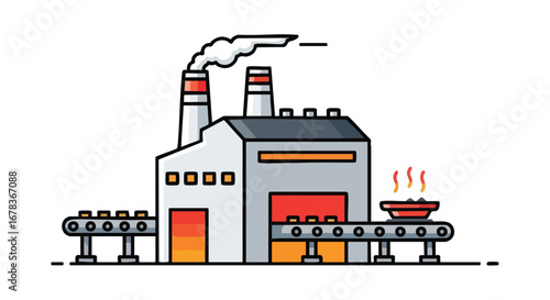 Stylized vector illustration depicting a manufacturing facility with conveyor belt, factory chimneys and emitted smoke in a simplistic and modern