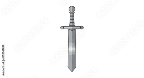 Illustration of a traditional medieval sword with a metallic finish on a white background, ideal for fantasy game graphics or historical