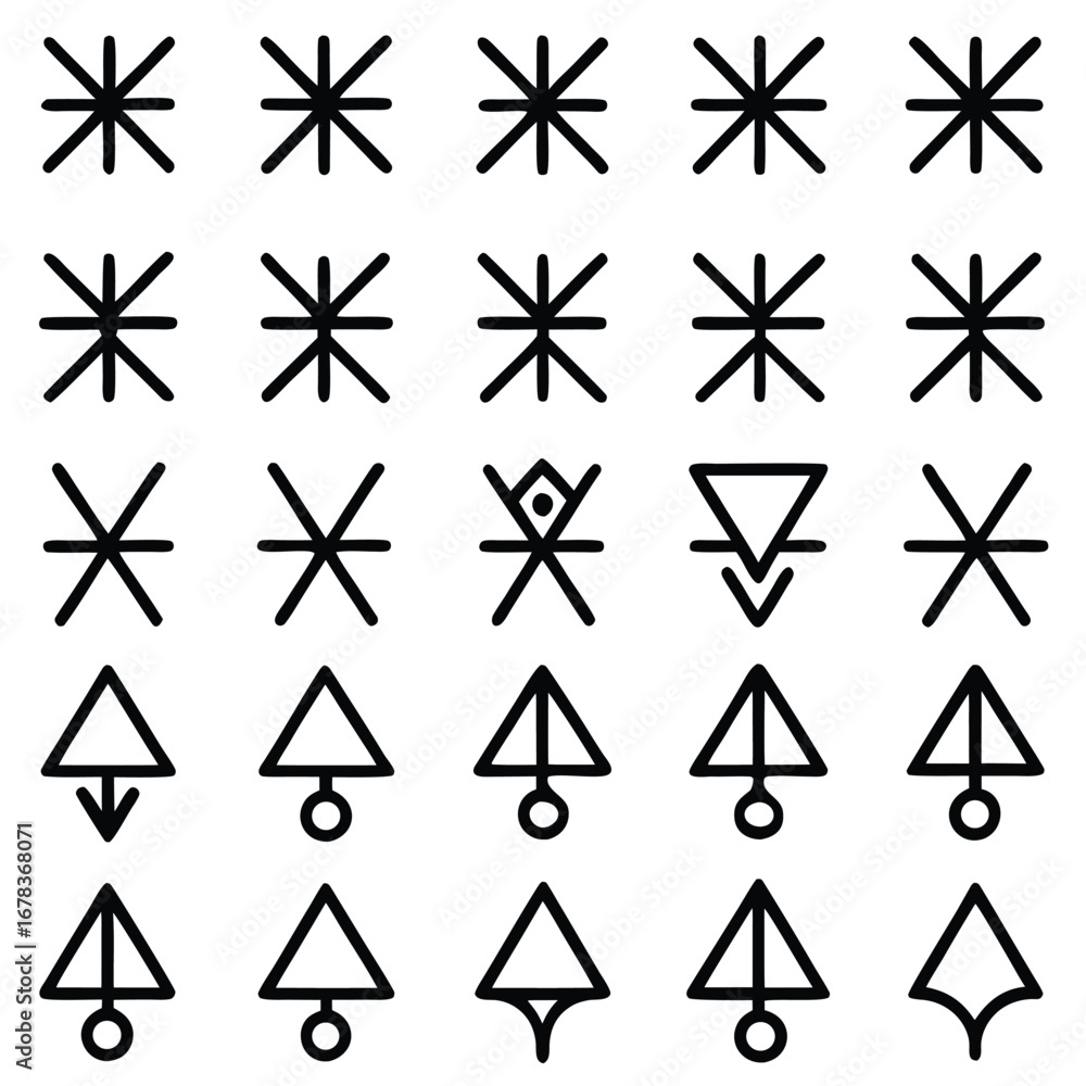 Obraz premium A collection of 25 unique geometric symbols and icons arranged in a 5x5 grid, featuring abstract shapes and stylized figures.