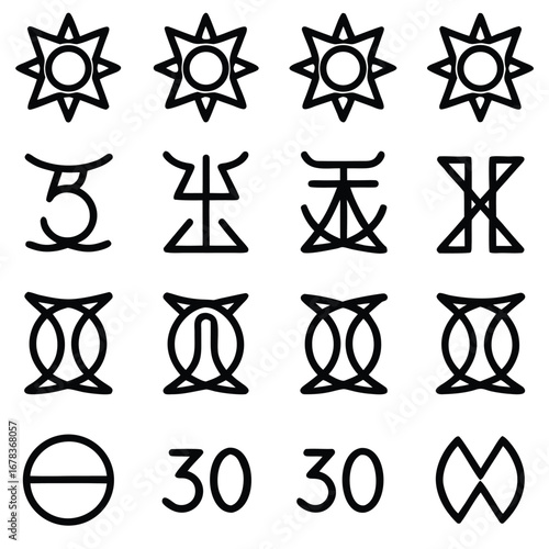 A collection of sixteen abstract, geometric, and esoteric symbols arranged in a grid.