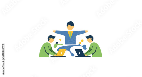 Empowered teamwork illustration with leadership and collaborative support creating synergy and positive workflow for collective innovation and