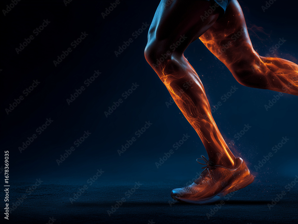 Obraz premium dynamic shot of athletic person mid stride running, showcasing powerful leg muscles and motion effects. image conveys energy and determination in sports