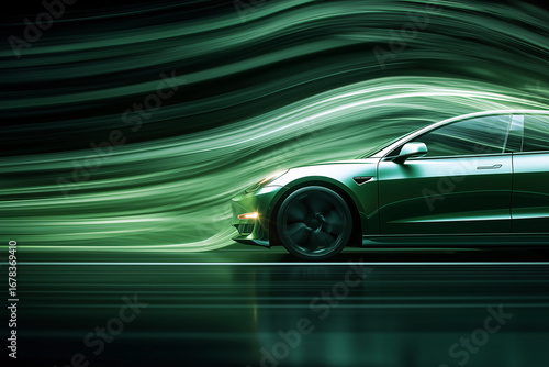 sleek electric car in motion, surrounded by dynamic green light trails, symbolizes innovation and sustainability. vibrant green tones enhance futuristic feel of scene