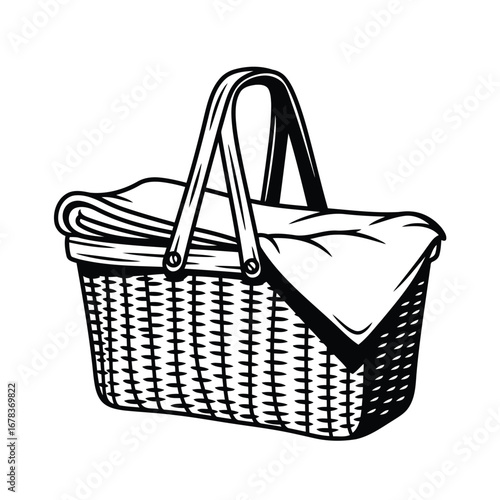 Vintage style illustration of a picnic basket with a blanket.
