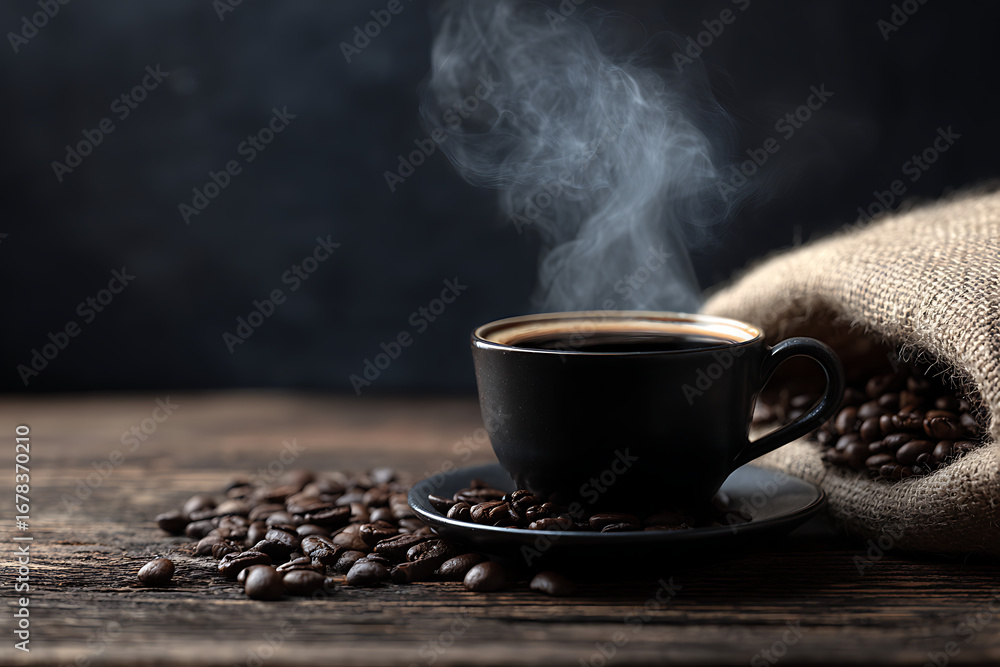 Fototapeta premium Steaming hot coffee cup with roasted beans on rustic wooden surface