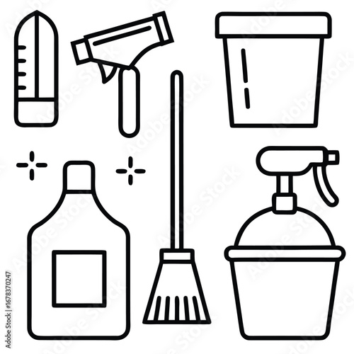 Line art illustration of various household cleaning supplies including a broom, spray bottles, duster, and bucket, depicting domestic chores.