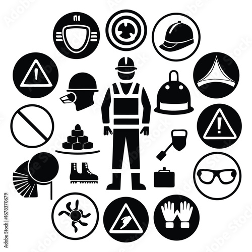 Safety equipment and hazard icons surrounding a construction worker.