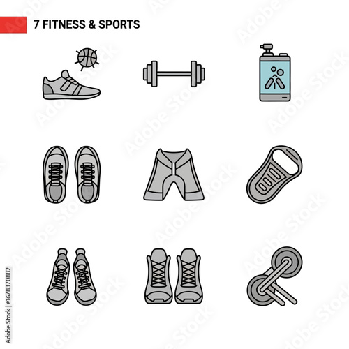 Icon set featuring athletic shoes, dumbbell, sportswear, and fitness accessories for active lifestyles