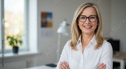 Free Download Confident businesswoman with crossed arms smiles in a bright office setting indoors - GFXLoad