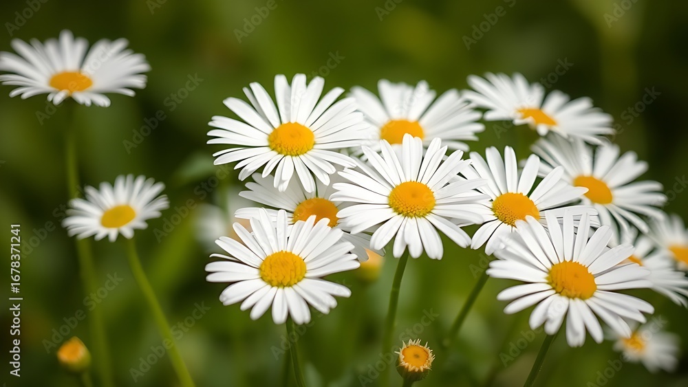 Fototapeta premium Softly focused white daisies bathed in natural daylight, creating a serene floral scene.