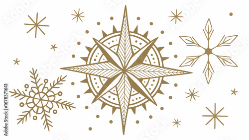 Elegant gold compass rose and snowflake design with scattered dots on a white background