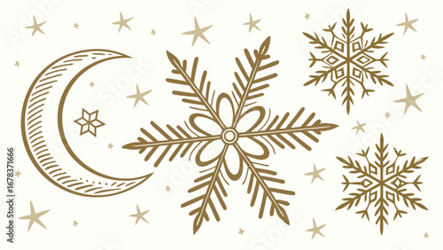 Elegant gold crescent moon and snowflakes with scattered stars on a white background for winter holidays