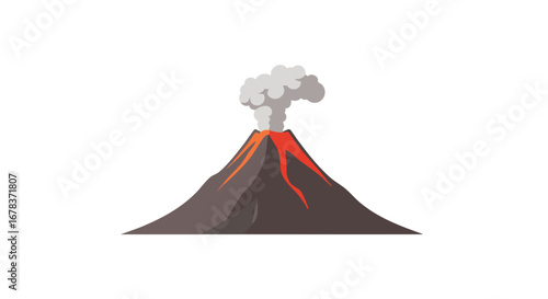 Volcanic Fury: Cartoonish Rendition of a Mountainous Eruption with Fiery Lava Flow and Billowing Smoke, Set Against a Pure White Background