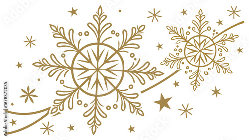 Elegant gold snowflake and star design with swirling lines on a white background