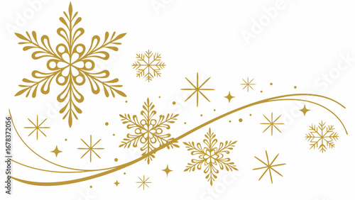 Elegant gold snowflake and star pattern with swirling lines on a white background