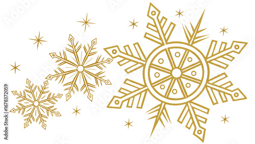 Elegant gold snowflake and star pattern on a clean white background for winter holidays
